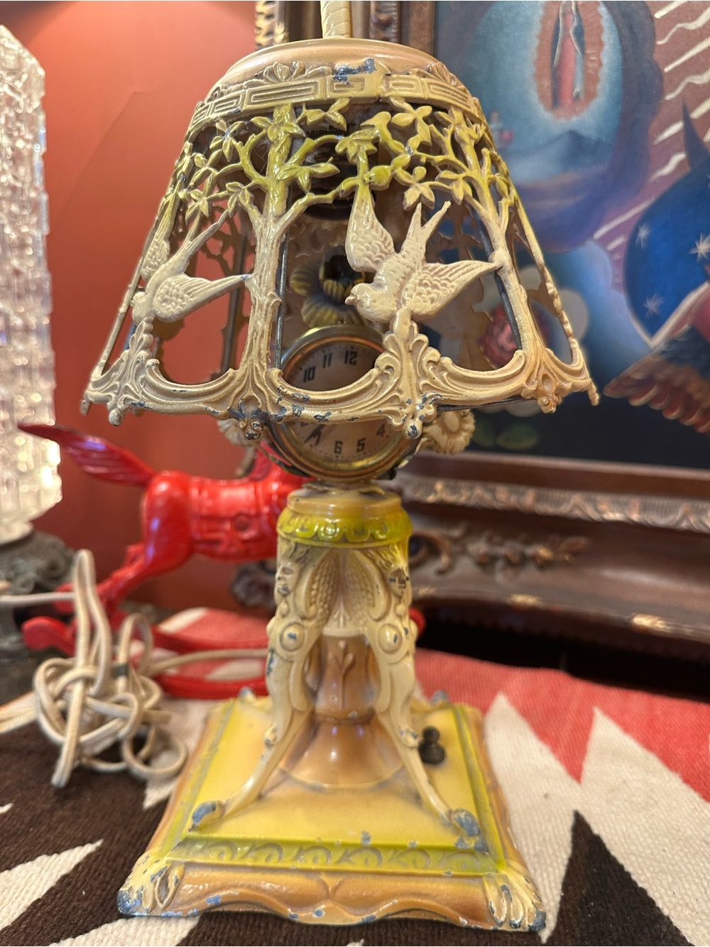 Vintage Art Nouveau Ornate Bird Table Lamp in Yellow and Cream